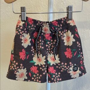 Kids Floral Swim Trunks - Black with Pink & Cream Flowers